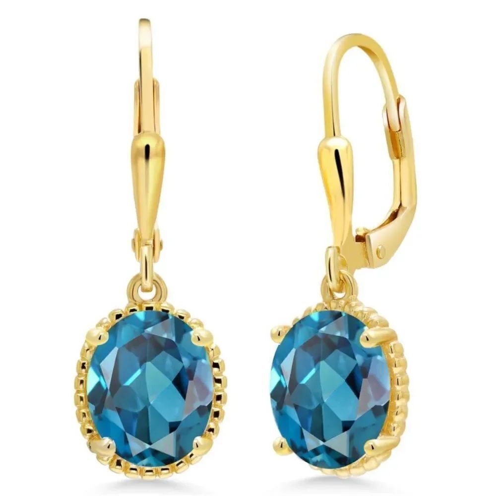 18K Yellow Gold 925 with 4.50 Cttw London Blue Topaz Oval Leverback Earrings